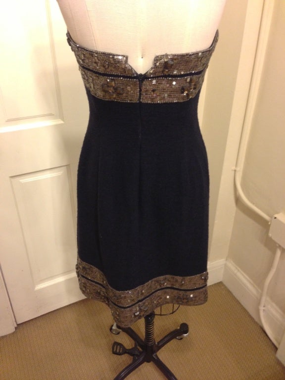 Oscar de la Renta Navy Beaded Trim Strapless Dress 2