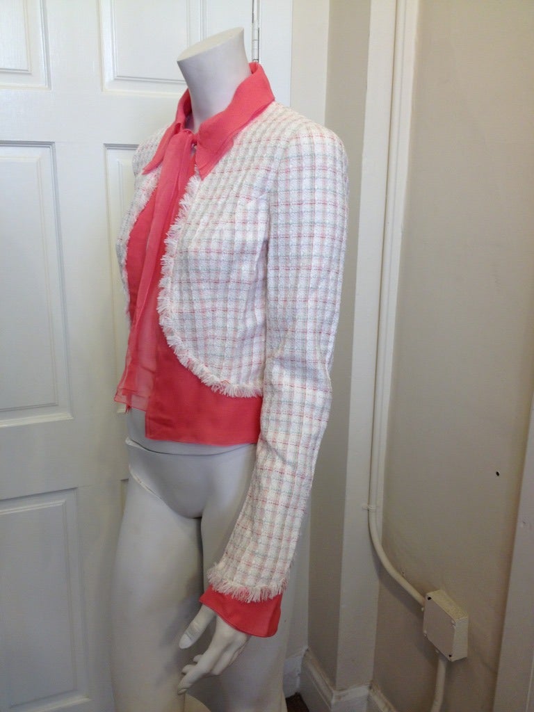 Chanel White Tweed Jacket with Pink Silk Trim In New Condition In San Francisco, CA