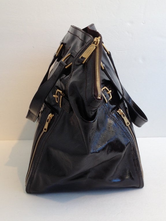 Yves Saint Laurent Dark Brown Patent Downtown Bag In Excellent Condition In San Francisco, CA