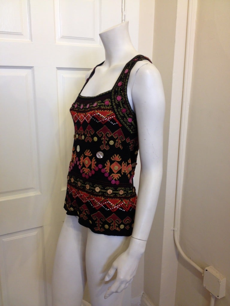 Christian Dior Knit Black Top With Colorful Design In Excellent Condition In San Francisco, CA