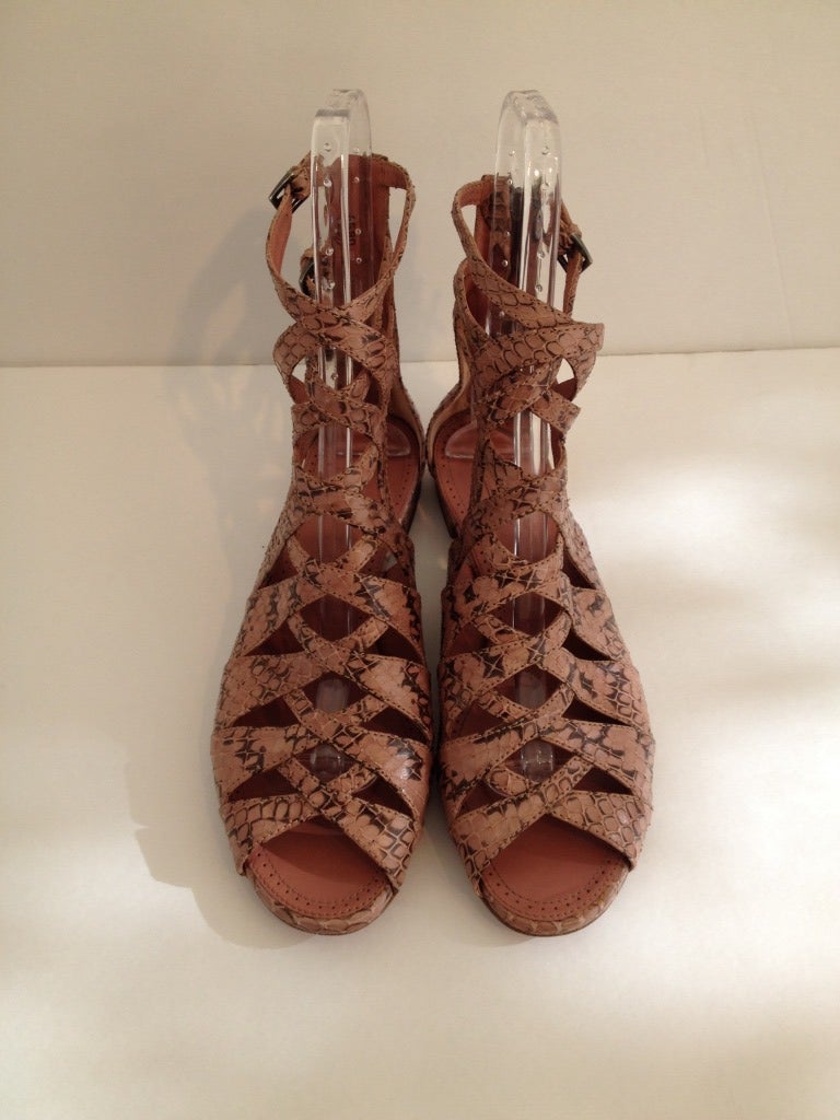 Gladiator shoes are always a favorite for summer, and why not show off in these Alaia snakeskin ones? These gladiator sandals criss-cross all the way up the to the ankle. They have a zipper in the back as well as three adjustable straps on the side.