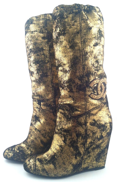 Chanel Gold Crackle Wedge Boot w/ Beaded CC Logo