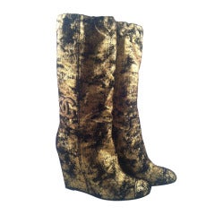 Chanel Gold Crackle Wedge Boot w/ Beaded CC Logo