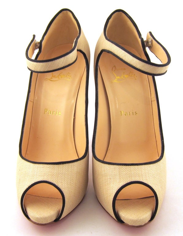 Christian Louboutin Linen Peep Toe Mary Janes In New Condition In Aspen, CO