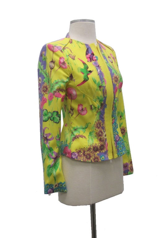 Versace '06 Miami Collection Floral Jacket. Amazing! Bright floral print. excellent condition, NWT.

- Silk blend
- Silk lining 
- Double zip front
- Zipper on sleeves
- Zipper on back
- Retail price $3,435

Measurements:

- Bust 14