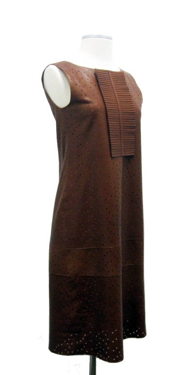 Beautiful NWT Leather Fendi Perforated Dress with Ribbon Detail at Neckline.  Lightweight Leather and soft at hand.
