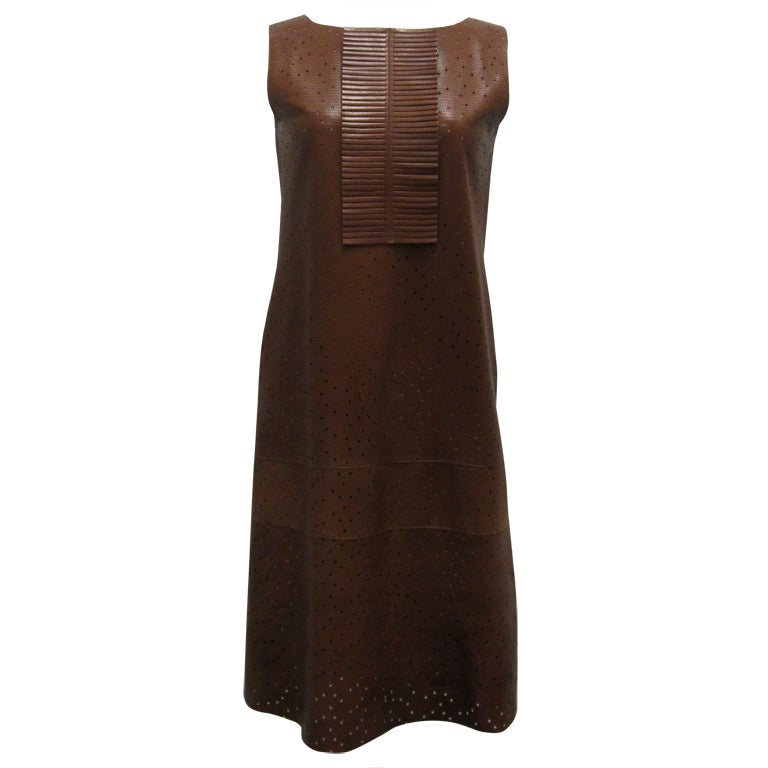 Fendi Perforated Leather Dress with Ribbon Neckline