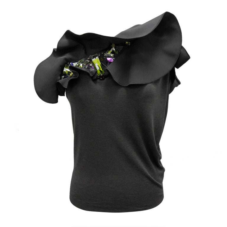 Lanvin Jeweled Ruffle One Shoulder Top