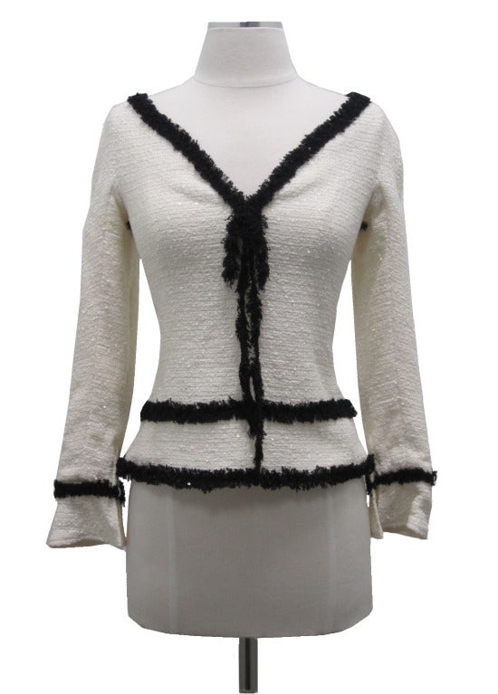 Chanel 04P white sequin with black fringe trim top.

- Bust 15