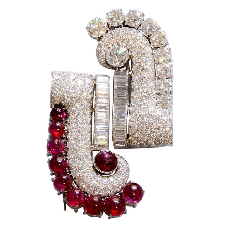 Art Deco Diamond and Ruby Double Clip Brooch at 1stdibs