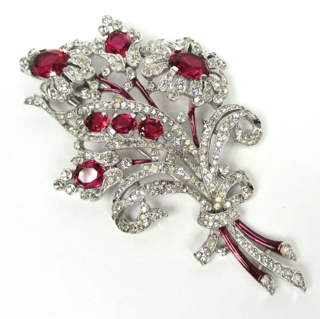 Crown Trifari Brooch 'Alfred Philippe' Ruby Quintuple Floral coat Pin