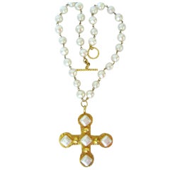 Dominique Aurientis Pearl Studded Maltese Cross Necklace 1980's New Never worn 7