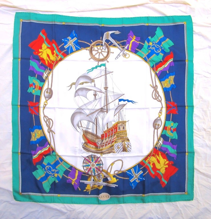 This is from a Vast Collection of Gucci Scarves that have never been worn

    Nautical Silk Scarf
    Tall Ship in the Center
    Greens, Purple & golds
    Made in Italy
    Hand Rolled Silk

This was purchased at Neiman Marcus.