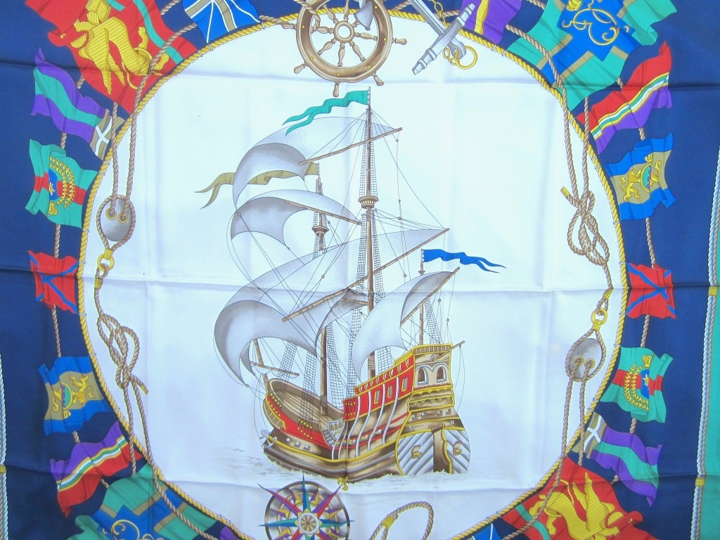 Gucci Tall ship Nautical Silk Scarf In New Condition In Wallkill, NY