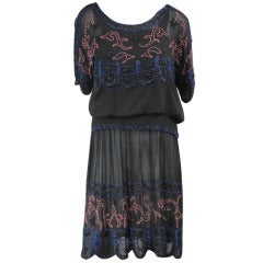 Antique 1920s Silk Black Multi Colored Beaded Flapper Dress