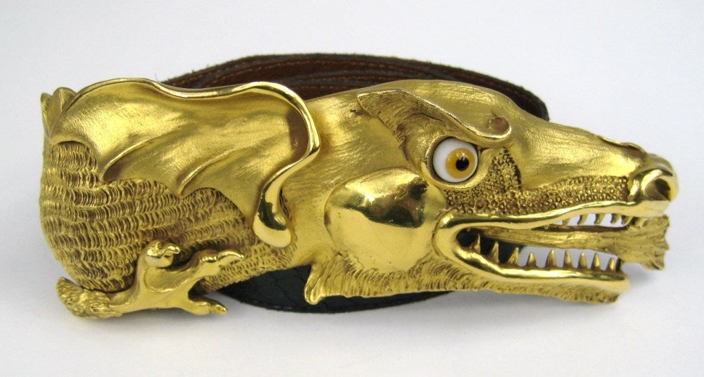 Fire breathing dragon belt buckle from Christoper Ross. 
Lizard Belt with the buckle
Glass Eye

Buckle Measures
7-7/8 x 2-7/8