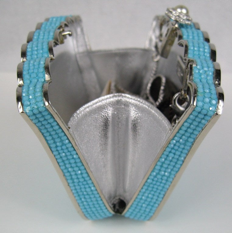 JUDITH LEIBER Turquoise Swarovski Crystal Scalloped Minaudiere Clutch 1