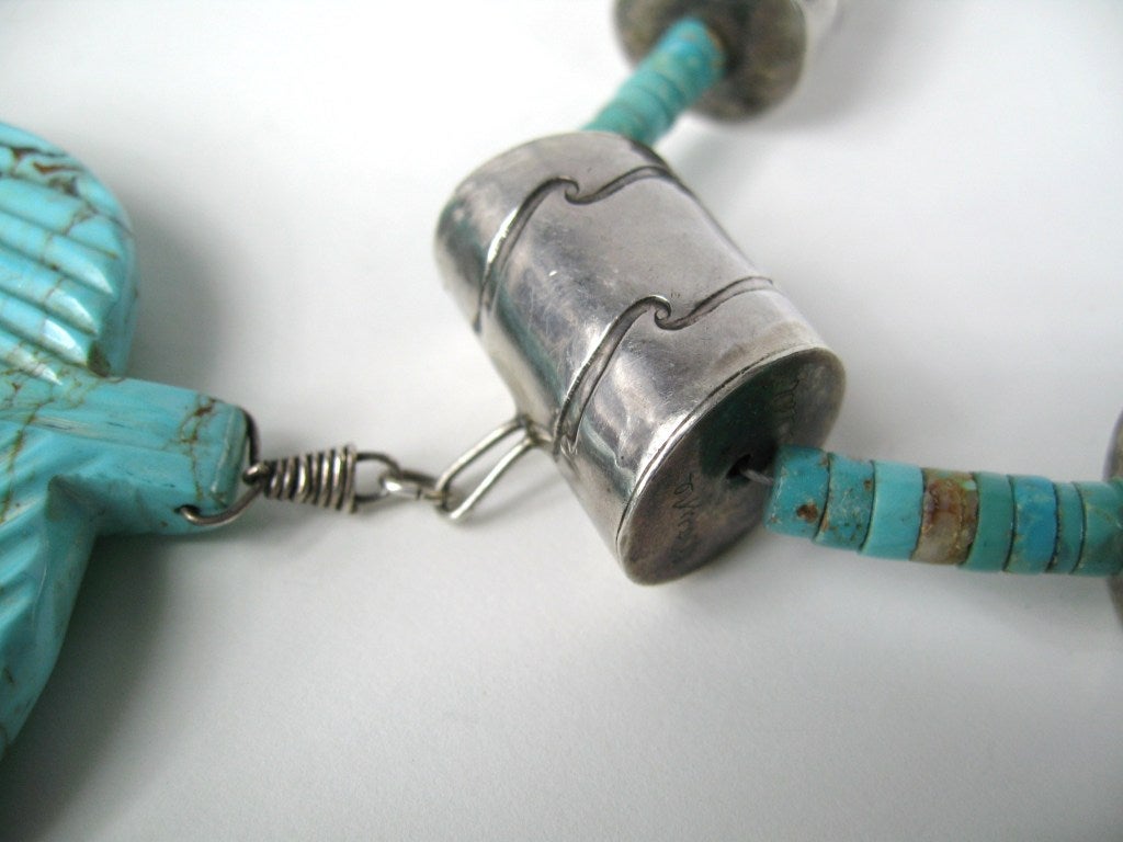 Native American Dead Pawn Zuni Turquoise Rondelle Silver Necklace In Excellent Condition In Wallkill, NY