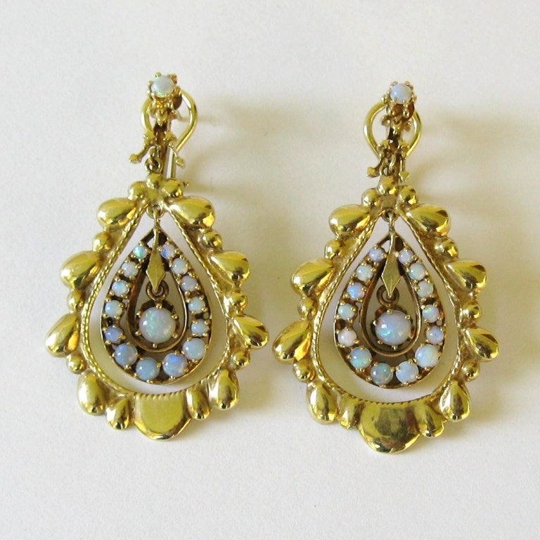 14K Gold Opal Dangle Earrings For Sale at 1stdibs