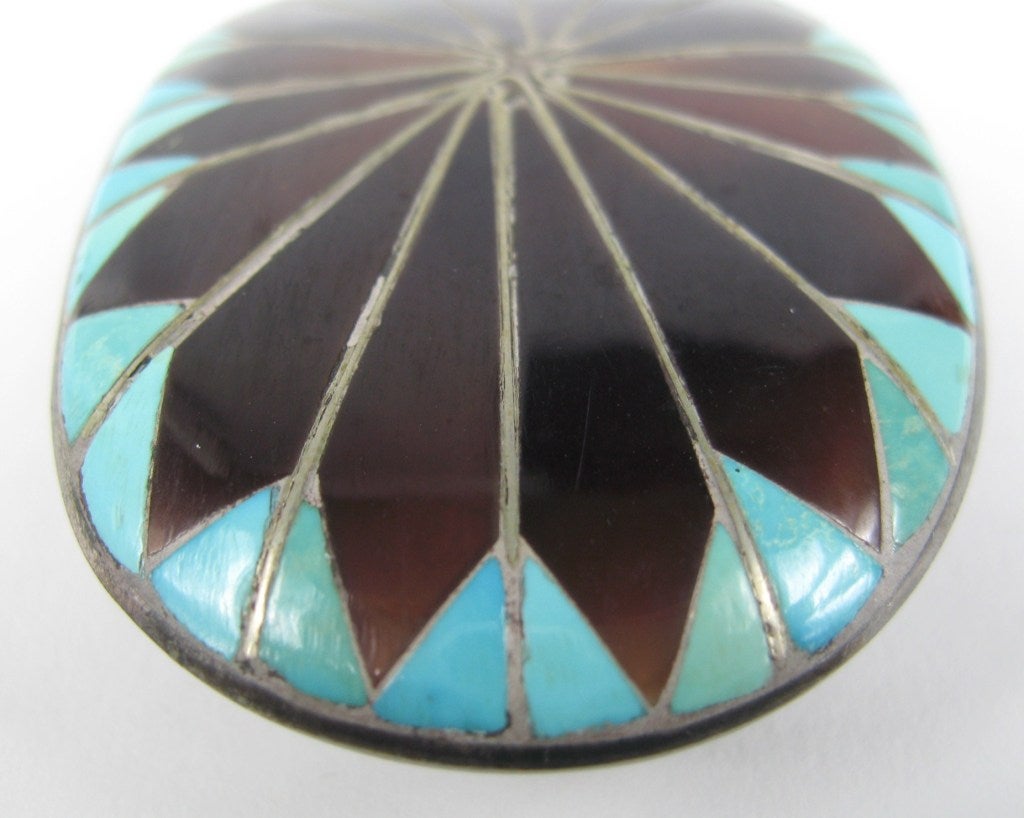 Native American Zuni Turquoise Inlay Belt Buckle In Excellent Condition In Wallkill, NY