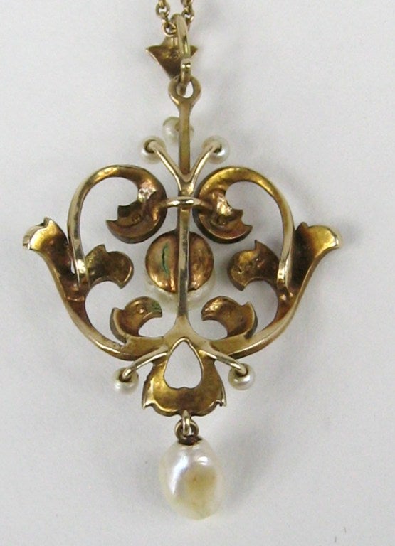 Women's Art Nouveau 14K Gold Lavalier Delicate Seed Pearls