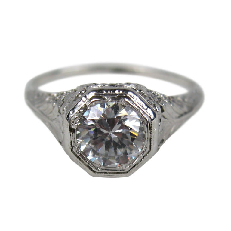 14K White Gold Art Deco Filigree White Sapphire Ring
