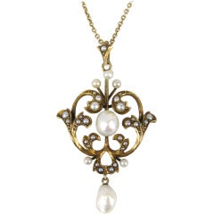 Art Nouveau 14K Gold Lavalier Delicate Seed Pearls