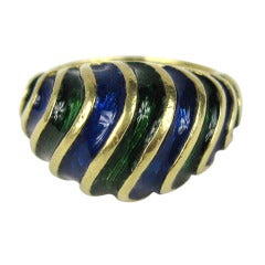 Deep Blue & Green Enamel 18K Gold Ring 6