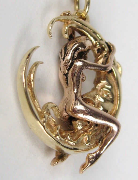 Art Nouveau Gold Erotica Moon Pendant Necklace