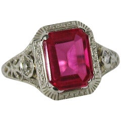 Antique 1920s Art Deco White Gold Ruby Diamond Filigree Ring