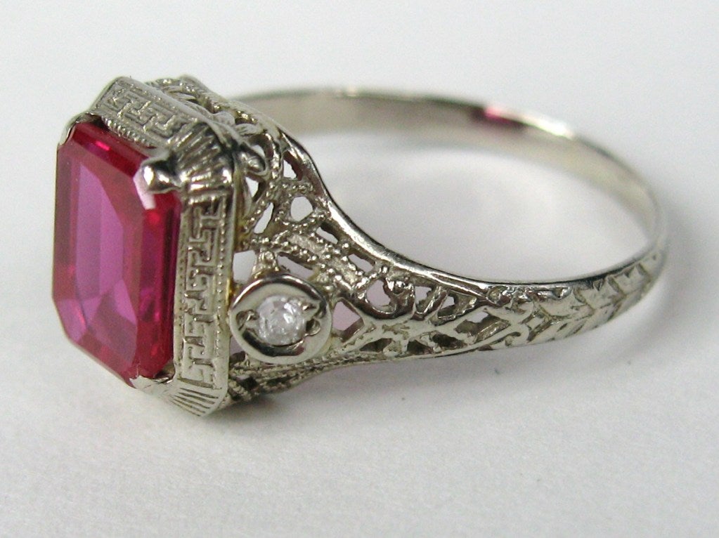 Art Nouveau 1920s Art Deco White Gold Ruby Diamond Filigree Ring