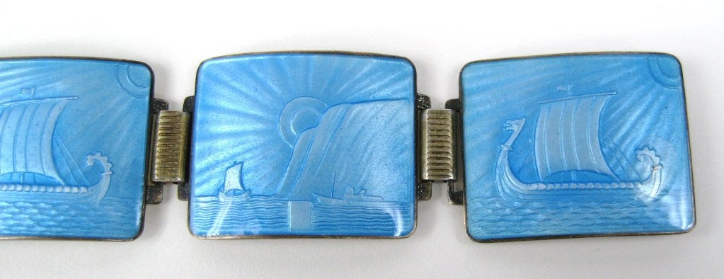 Vintage N. M. Thune  Sterling  Blue Guilloche Enamel Link Bracelet In Excellent Condition In Wallkill, NY