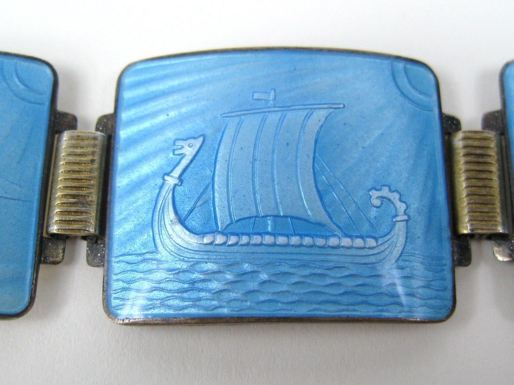 Women's Vintage N. M. Thune  Sterling  Blue Guilloche Enamel Link Bracelet