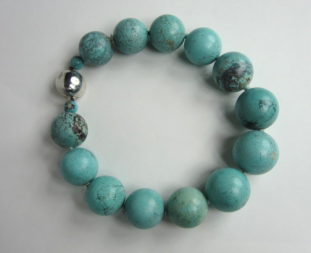 Massive Sterling Silver Turquoise Ball Necklace In Good Condition In Wallkill, NY