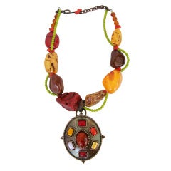 1900s Philippe Ferrandis Bronze Gripoix Glass Amber Stone Necklace Never Worn 10