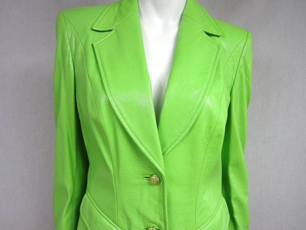 AMAZING Color on this Escada Leather Blazer 

    NEW OLD STOCK.
    Escada Embossed Reptile Leather Blazer.
    Take a look at the cut on this as well.

The price of this was 1600.00 years back, now you can have this for a fraction of what