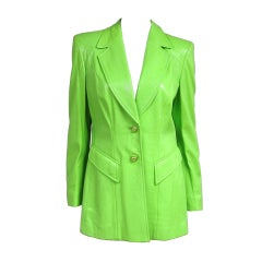 Retro ESCADA Neon LIME Green Embossed Repitle Leather Blazer Jacket