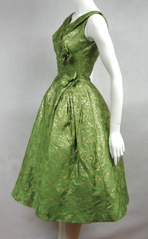 1950s Will Steinman Green Gold Brocade Cocktail Dress In Excellent Condition In Wallkill, NY
