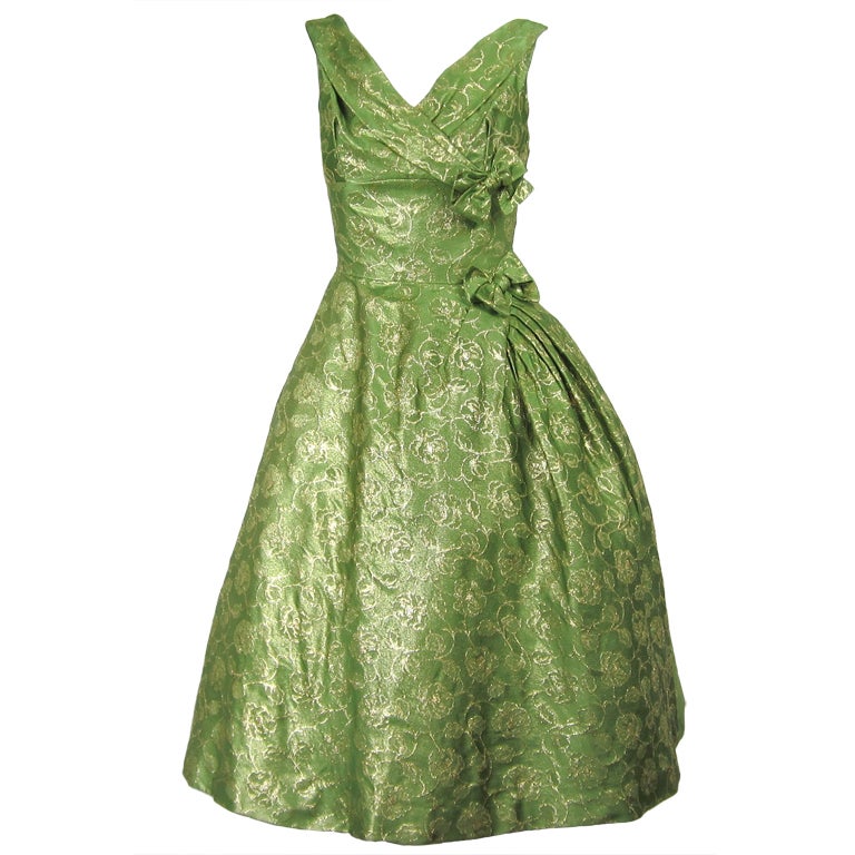1950s Will Steinman Green Gold Brocade Cocktail Dress