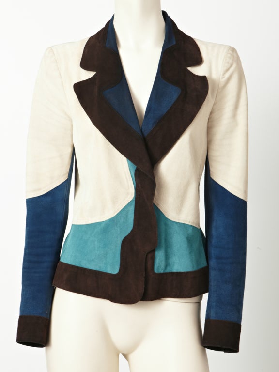 Yves St. Laurent color block suede fitted jacket with strong notched collar.In tones of creme, turquoise, royal blue, and brown.