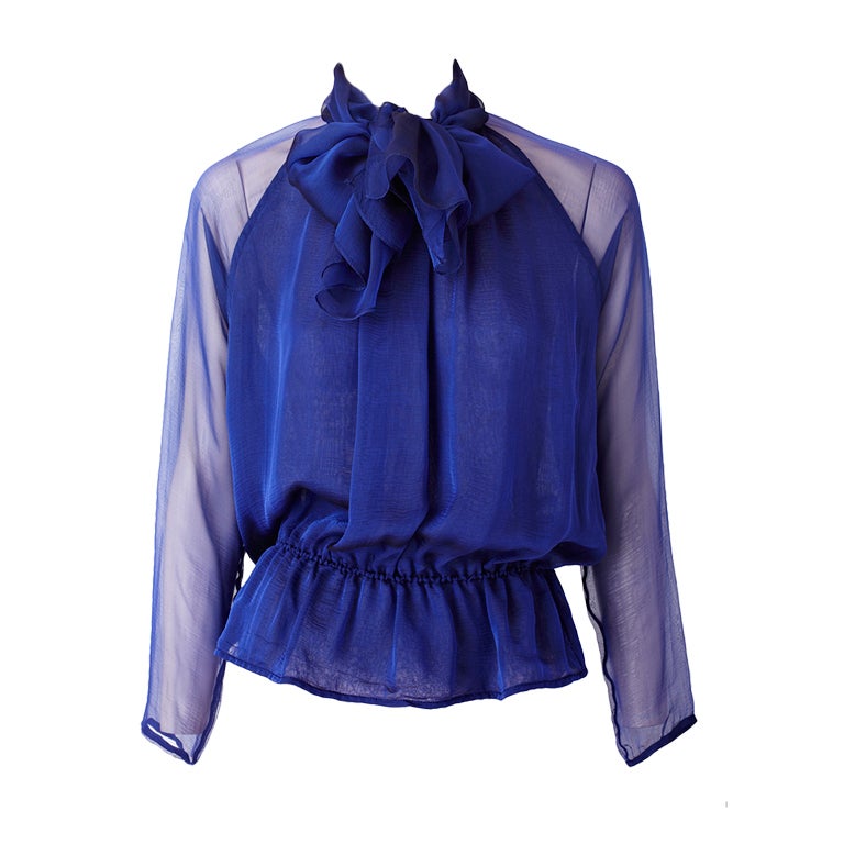 Oscar de la Renta Sapphire Blue Chiffon Blouse