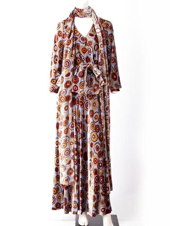 Ungaro couture printed panne velvet 3 piece maxi ensemble, consistiing of a wrap peplum top with self belt, bias cut maxi skirt and matching scarf,c.1970's.