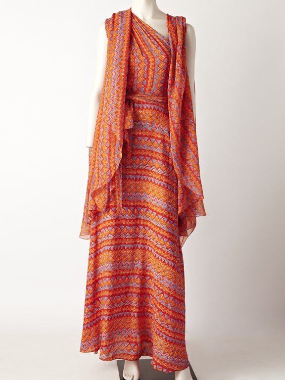 Stephen Burrows Printed Chiffon One Shoulder Dress