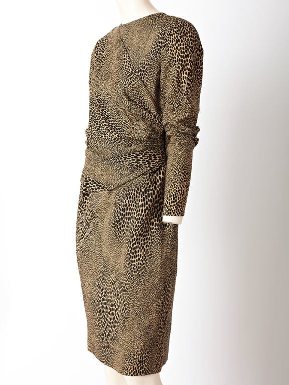 Bill Blass, wool challis, leopard print, long sleeve day dress, with draped bodice detail.