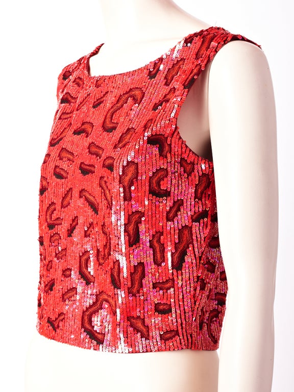 Krizia, coral tone, abstract pattern, sequined tank top.