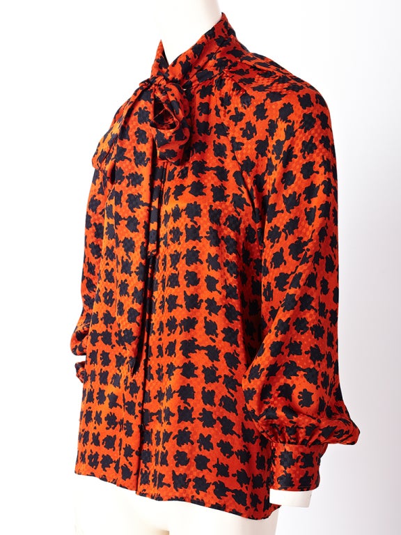 YSL, rust and black, abstract, hounds tooth pattern, silk blouse with front button closure, raglan sleeves, and generous 
