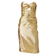 Vicky Tiel Gold Lame Strapless Cocktail Dress