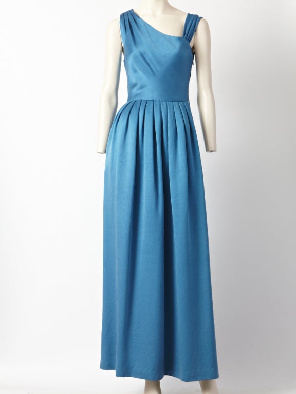 Bill Blass, cerrulean blue, washed silk, maxi dress with a gathered skirt and one shoulder detail.