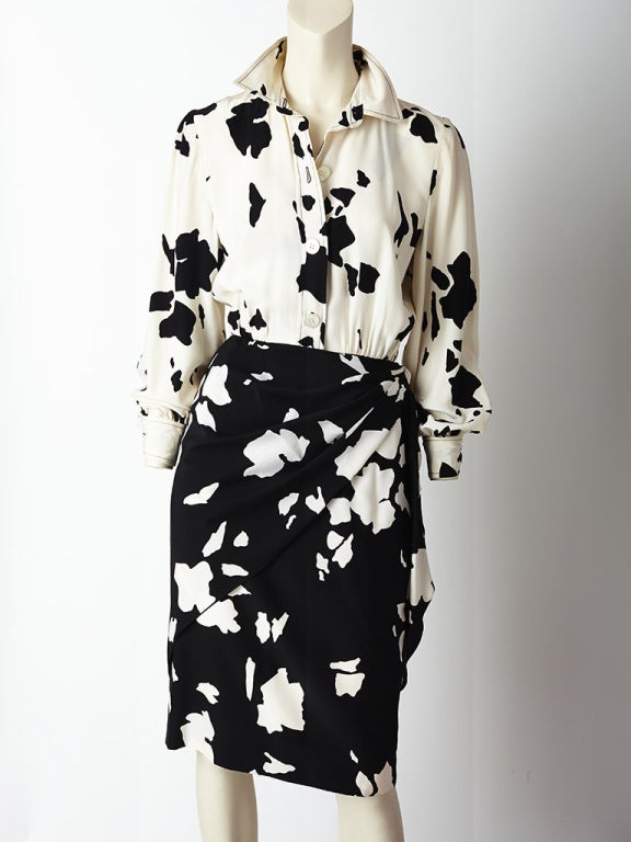 Bill Blass, black and white, abstract,floral print, silk crepe, dress with a shirt style bodice and draped, sarong style, skirt.