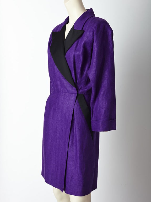 Yves Saint Laurent, purple linen, wrap style, tuxedo dress with a black satin notched collar and black satin pocket detail at the hip.